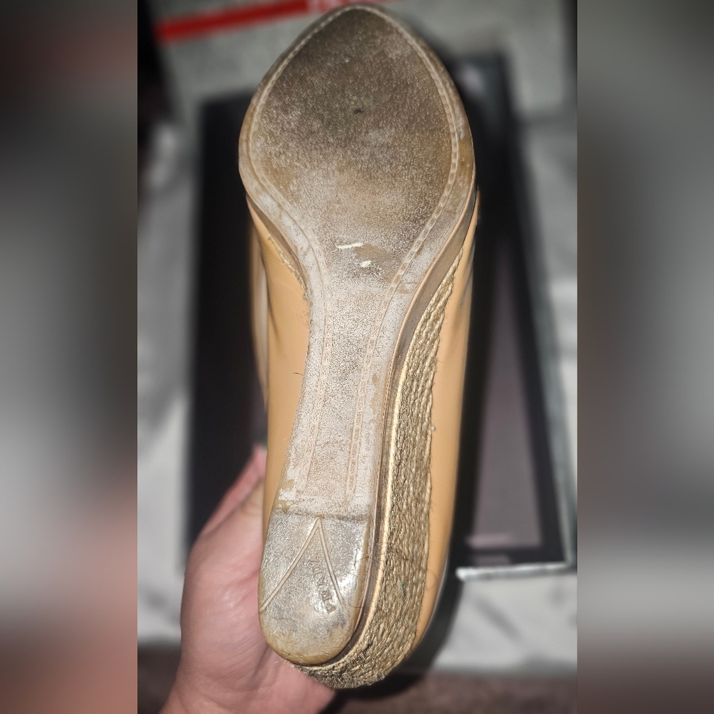 Prada Women's Nude Peep Toe Wedges - Picture 2 of 6